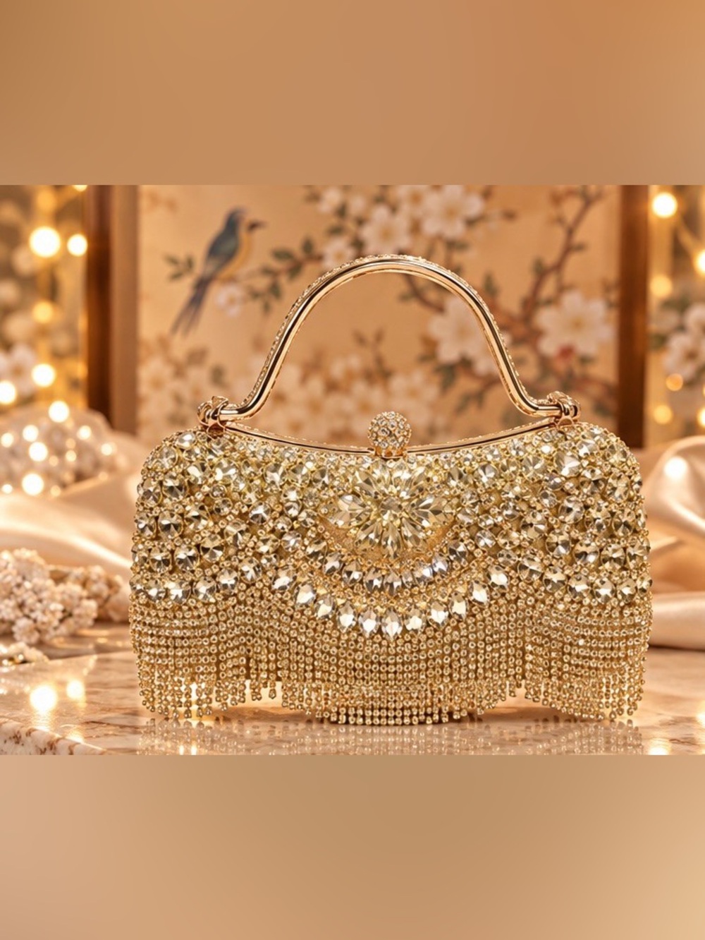 Fifi’s Closet | Gold Crystal Fringe Evening Bag | Glam Rhinestone Clutch
